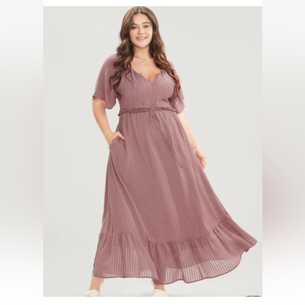 Solid Striped Notched Ties Up Pocket Flutter Maxi Dress